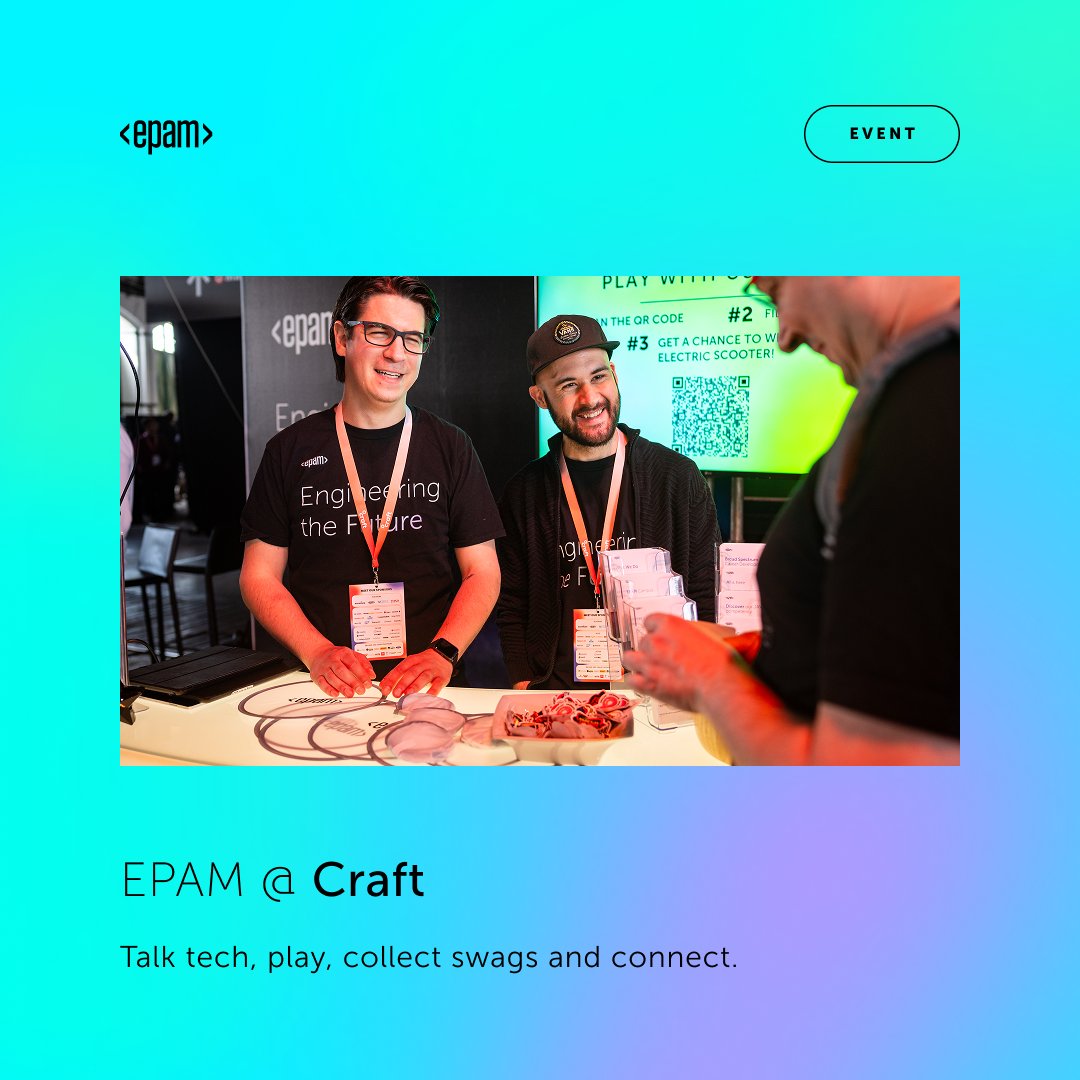 CraftConf's tweet photo. Ready for #CraftConf? Visit EPAM Hungary's booth to talk tech, play our exclusive dev-built game and get unique merch! The networking continues into the night – join us at the afterparty as the official Party Sponsor! Let's connect! https://t.co/sHjFaC7Vjg
