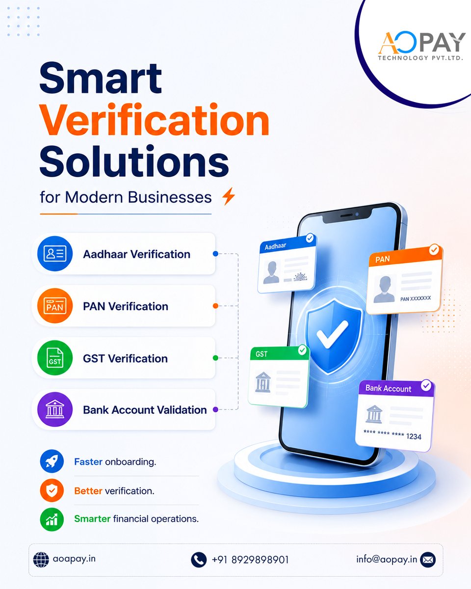 AopayTechnology's tweet photo. Faster onboarding starts with smarter verification. ⚡

From Aadhaar to bank account validation, businesses are adopting digital verification systems to improve accuracy and operational efficiency.

#Fintech #VerificationAPI #BusinessSolutions #aopay #aopaytechnology https://t.co/egG8fm6sYi