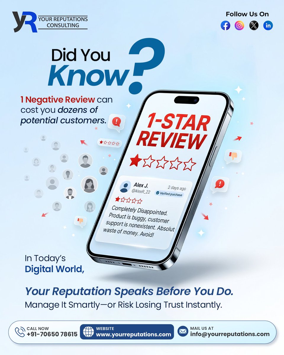 YourReputation_'s tweet photo. One negative review can impact more than you think. In today’s digital world, your reputation shapes customer trust before you even connect. Stay ahead by managing your online presence smartly and turning feedback into growth opportunities for your business success. https://t.co/vRlSk0gNcq