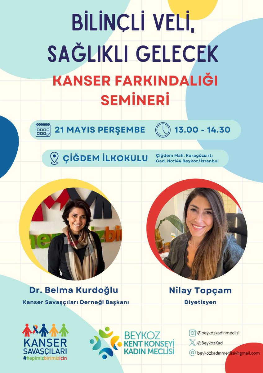 BeykozKad's tweet photo. Bilinçli Veli, Sağlıklı Gelecek

Beykoz Kent Konseyi Kadın Meclisi ve Kanser Savaşçıları Derneği işbirliği ile düzenlediğimiz “Kanser Farkındalığı Semineri”ne tüm velilerimizi bekliyoruz.

🗓️ 21 Mayıs Perşembe
⏰ 13.00 – 14.30
📍 Çiğdem İlkokulu / Beykoz https://t.co/wGi9rl5uuf