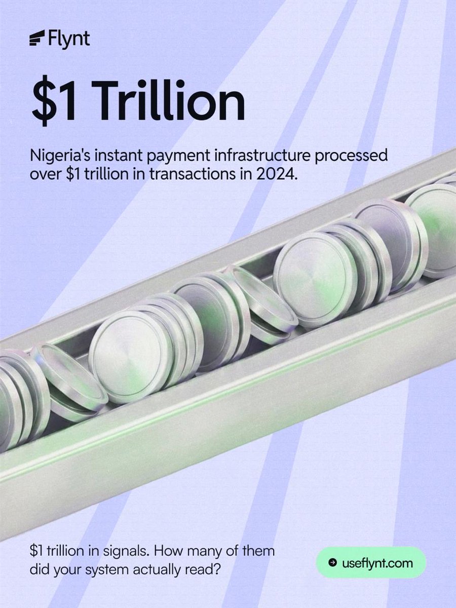 useflynt's tweet photo. In 2024, Nigeria's NIBSS instant payment system processed over $1 trillion in transactions.
 
One trillion dollars. Moving in real time. Generating signals with every single transfer.
 
#NigeriaFintech #PaymentInfrastructure #RealTimeDecisions #FintechAfrica #Flynt https://t.co/Izh0dtYFYe