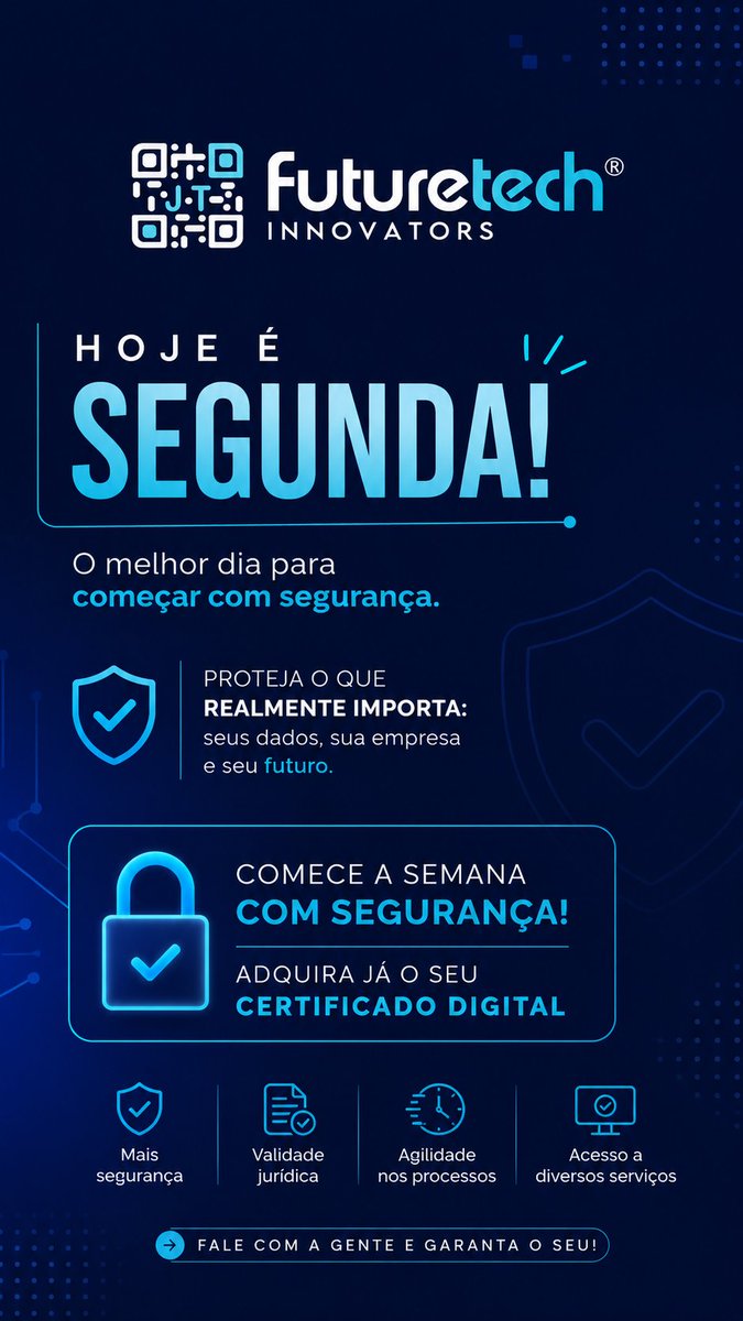 ARFuturetech's tweet photo. 💙 Segunda-feira chegou!

Comece a semana com mais segurança e proteção para a sua empresa. 🔐

O Certificado Digital garante autenticidade, segurança e validade para suas operações no ambiente digital.🚀

#SegundaFeira #Tecnologia #Negocios #Brasil #Empresas #Inovacao #Sucesso https://t.co/6OlmeZvEUM