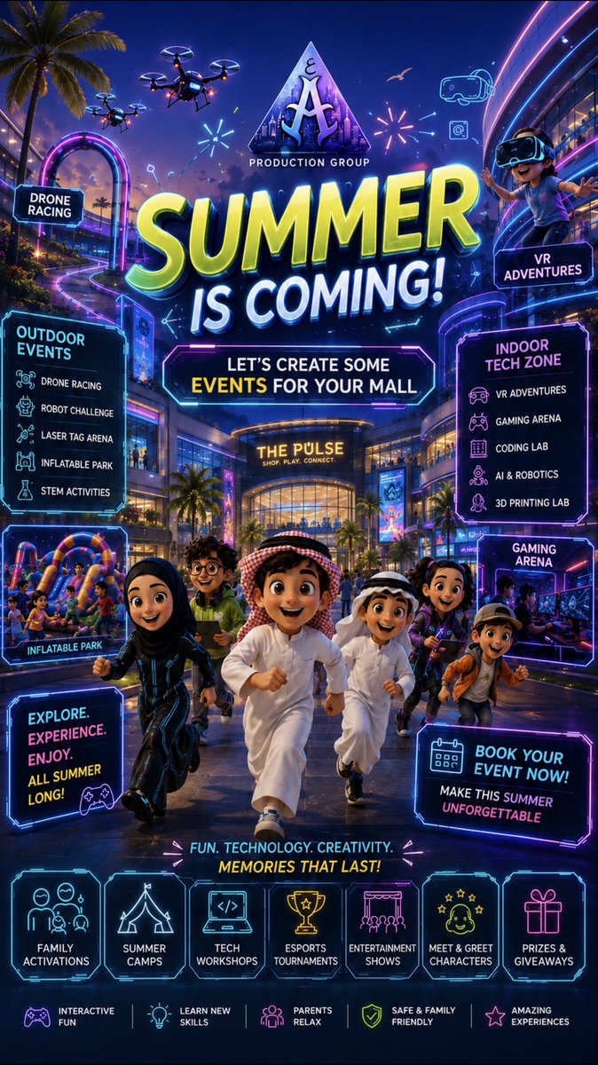 azdef's tweet photo. This summer, #TeamAZAB is bringing immersive family entertainment, digital activations, VR experiences, esports, and tech-driven events to malls across the GCC. Limited Summer 2026 bookings are now open across The # GCC. 

#MallActivations #SummerEvents #FamilyEntertainment https://t.co/sxUKjTz207