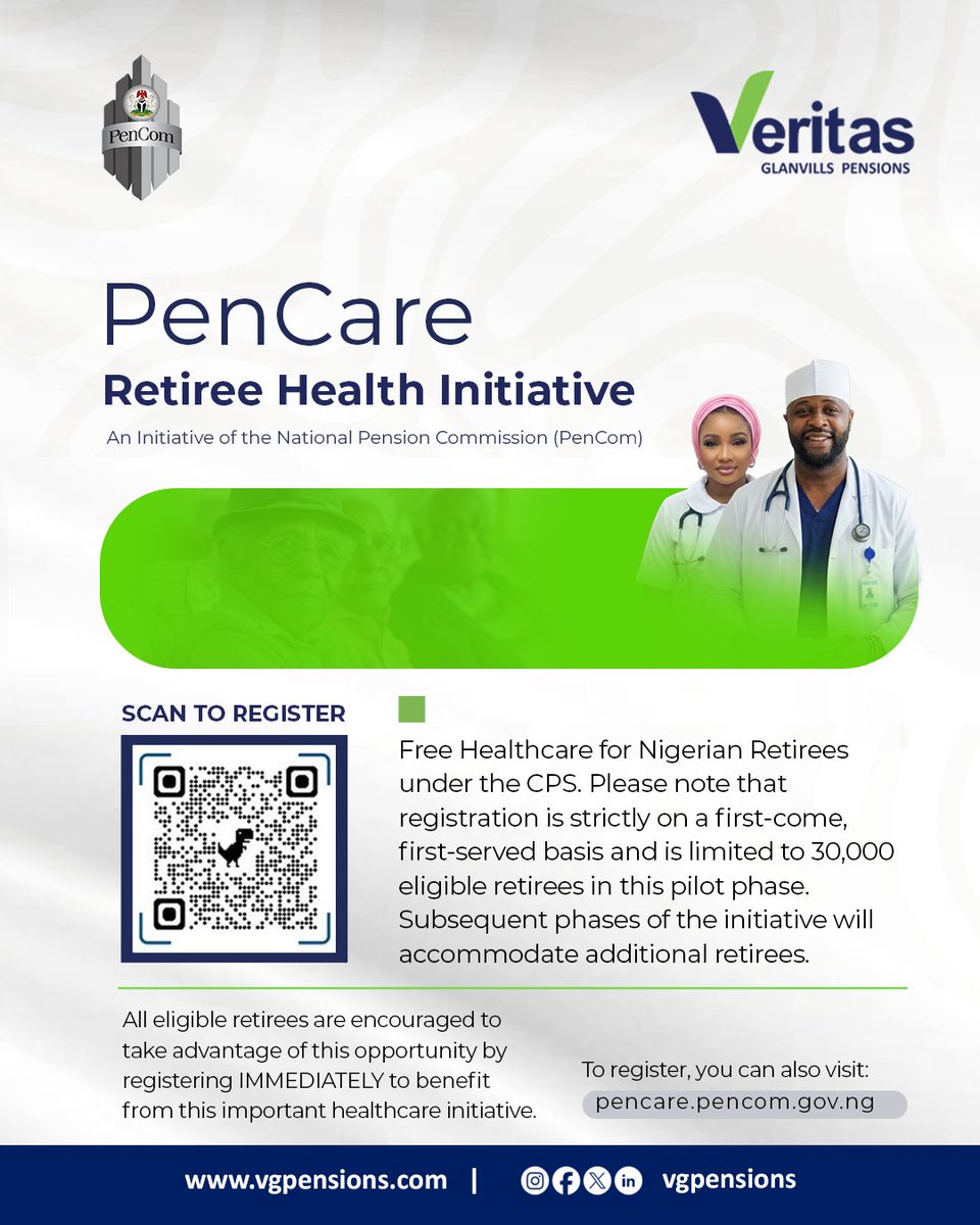 vgpensions1's tweet photo. Free Healthcare for Retirees is Here!

Are you a retiree aged 60+ earning ₦70,000 or less monthly? The PenCare Health Initiative gives you FREE access to quality healthcare through accredited HMOs!

🚀 Limited slots: Only 30,000 retirees in this phase
⏳ First-come, first-served — don’t miss out!
👉 Register NOW and enjoy the care you deserve.

#VGPensions #PenCare #RetireeHealth #RetireeSupport #HealthyRetirement #RetirementBenefits #Pensioners #HealthcareAccess #FreeHealthcare