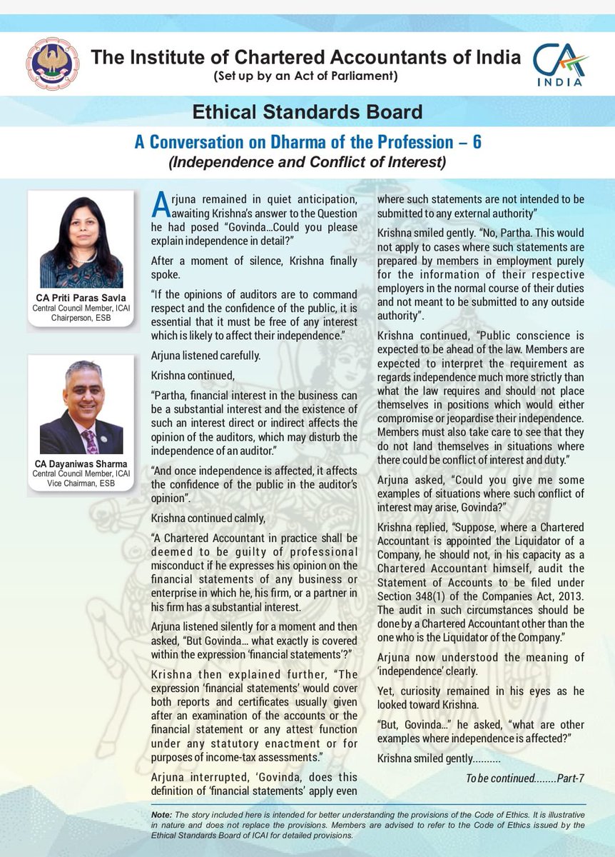 icaiesb's tweet photo. Conversation on Dharma of the Profession - 6
A reflective take on understanding the provisions of Code of Ethics along with Independence and Conflict of Interest.

#ICAI #CodeofEthics https://t.co/vyPM125ZSs