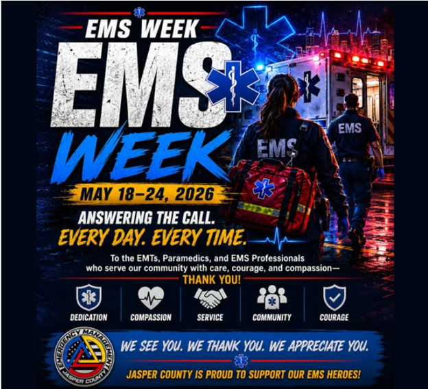 JasperCountyEMA's tweet photo. This week we recognize the EMTs, paramedics, dispatchers, rescue personnel, and EMS professionals who answer the call every single day.
To the EMS providers serving Jasper County, thank you for what you do. Your dedication, professionalism, and commitment do not go unnoticed. https://t.co/g5pBjnOEJX