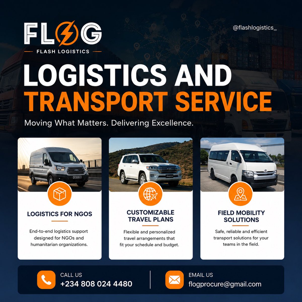 FlogHQ's tweet photo. Flash logistics is a trusted logistics solutions tailored for organizations, teams, and missions that make an impact every day. ⚡
#FlashLogistics #MovingWhatMatters #LogisticsSolutions #ReliableService https://t.co/2C3GAciOb7