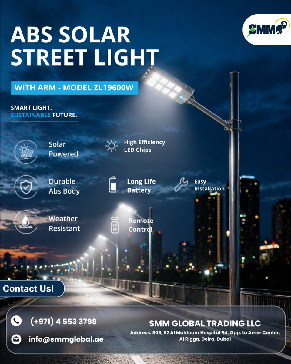 SMMGlobalTrade's tweet photo. 🌍 Light Up Your Streets with Smart Solar Power!
Upgrade to the ABS Solar Street Light – designed for maximum brightness, energy efficiency, long-lasting performance.
📞 +971 4 553 3798
📧 info@smmglobal.ae
#dubai #solarstreelight #solarenergy #outdoorlighting #sustainableLiving https://t.co/tHh0URaacw