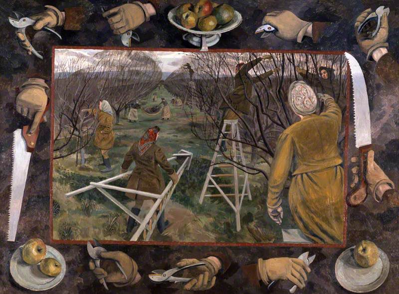 AniSWISSarts's tweet photo. Evelyn Dunbar (British, 1906 - 1960) - A 1944 Pastoral: Land Girls Pruning at East Malling https://t.co/J4RpD4Ivle