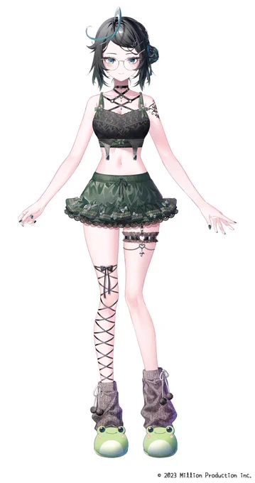 ミリプロUNI所属 / 雨夜リズちゃんの新衣装をお仕立てさせていただきました お洒落ルームウェアということでガーターやレースで大人っぽくしつつ、けろまるスリッパで抜け感を みなさんのお好き要素あったらぜひ教えてくださいね〜!