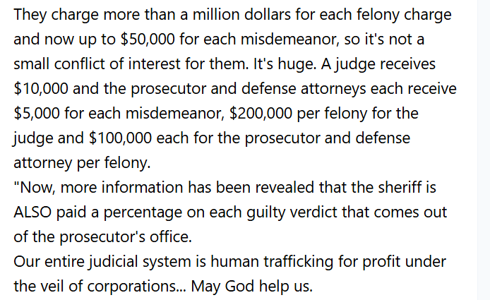 Micheleferrisfr's tweet photo. They charge more than a million dollars for each felony charge and now up to $50,000 for each misdemeanor, so it's not a small conflict of interest for them.
 It's huge. A judge receives $10,000 and the prosecutor and defense attorneys each receive $5,000 for each misdemeanor.. https://t.co/lvqvUYKDmm