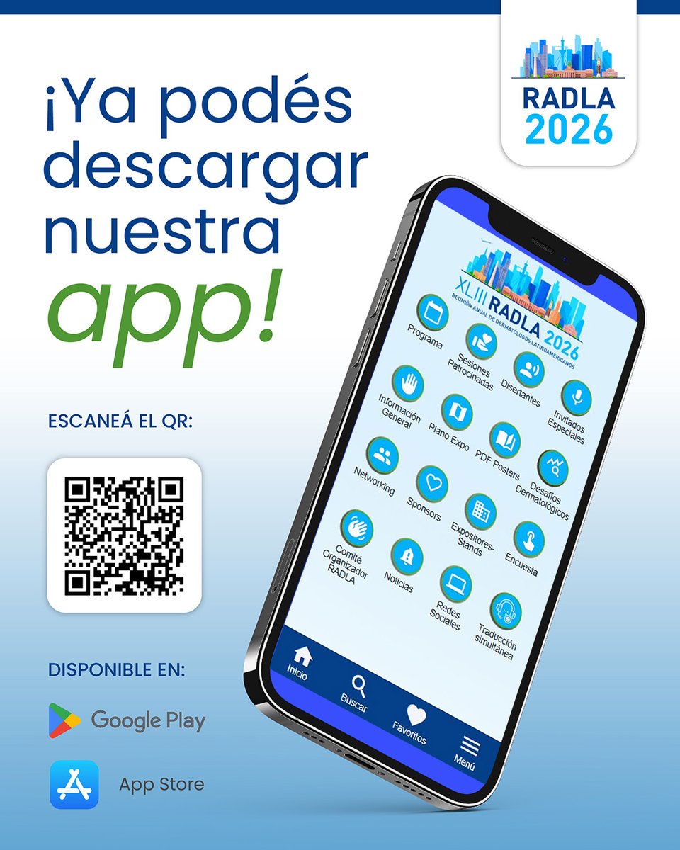 Radla2026's tweet photo. 📱 ¡Tené a #RADLA2026 en la palma de tu mano! ⬇️ Descargá la aplicación escaneando el QR o buscala en Google Play o App Store.

----
🇦🇷 XLIII Reunión Anual de Dermatólogos Latinoamericanos
📅20 al 23 de mayo
🤝19 de mayo Sociedades Hermanas
📍@CEC_BsAs https://t.co/5GIMVhplXn