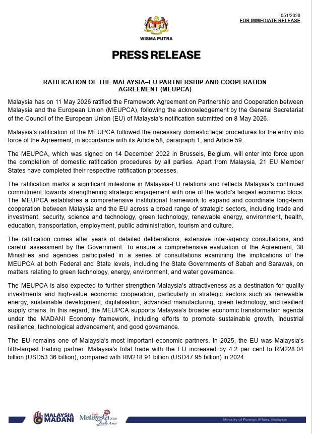 MYEmbMadrid's tweet photo. Malaysia has ratified the Malaysia–EU Partnership &amp; Cooperation Agreement (MEUPCA)! 🇲🇾🇪🇺 This milestone strengthens trade, digital &amp; green tech ties. As a major EU pillar, Spain 🇪🇸 is key to this framework, paving the way for deeper bilateral economic cooperation. @SpainMFA https://t.co/8HdplRImy0