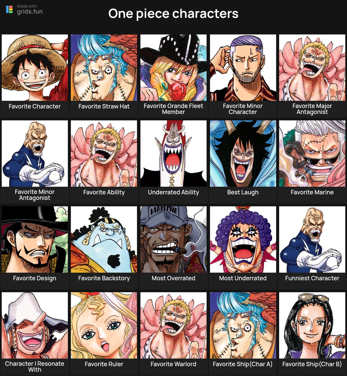DanTheCHAD's tweet photo. Did this One Piece Character Grid Trend thing. Do note that I have not finished Dressrosa, but I do already know about the Grand Fleet and I know each member so I still filled that box. Also Moria and Perona are honourable mentions for major antagonist and underrated respectively https://t.co/74fGeJbhjC
