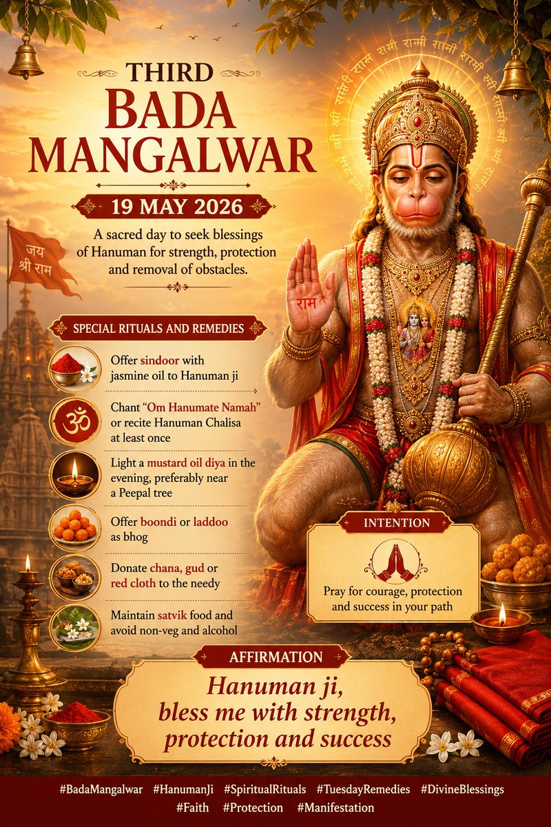 fcadeepti's tweet photo. Third Bada Mangalwar – 19 May 2026
A sacred day to seek blessings of Hanuman for strength, protection and removal of obstacles

#BadaMangalwar #HanumanJi #SpiritualRituals #TuesdayRemedies #DivineBlessings #Faith #Protection #Manifestation https://t.co/bxGqOYXMAh