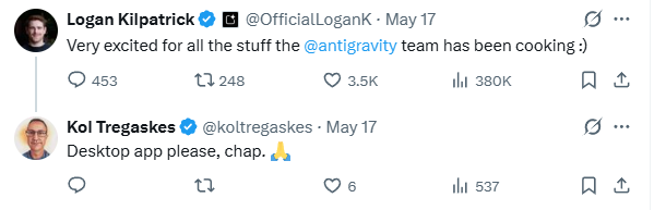 defnotananon's tweet photo. >Antigravity also really needs to be a desktop app. 

What does this mean? Antigravity is a DESKTOP app.

This is the second time I have seen you say the same thing. Do you really know what Antigravity is or are your posts just AI slop? https://t.co/wMcI4jCoTl