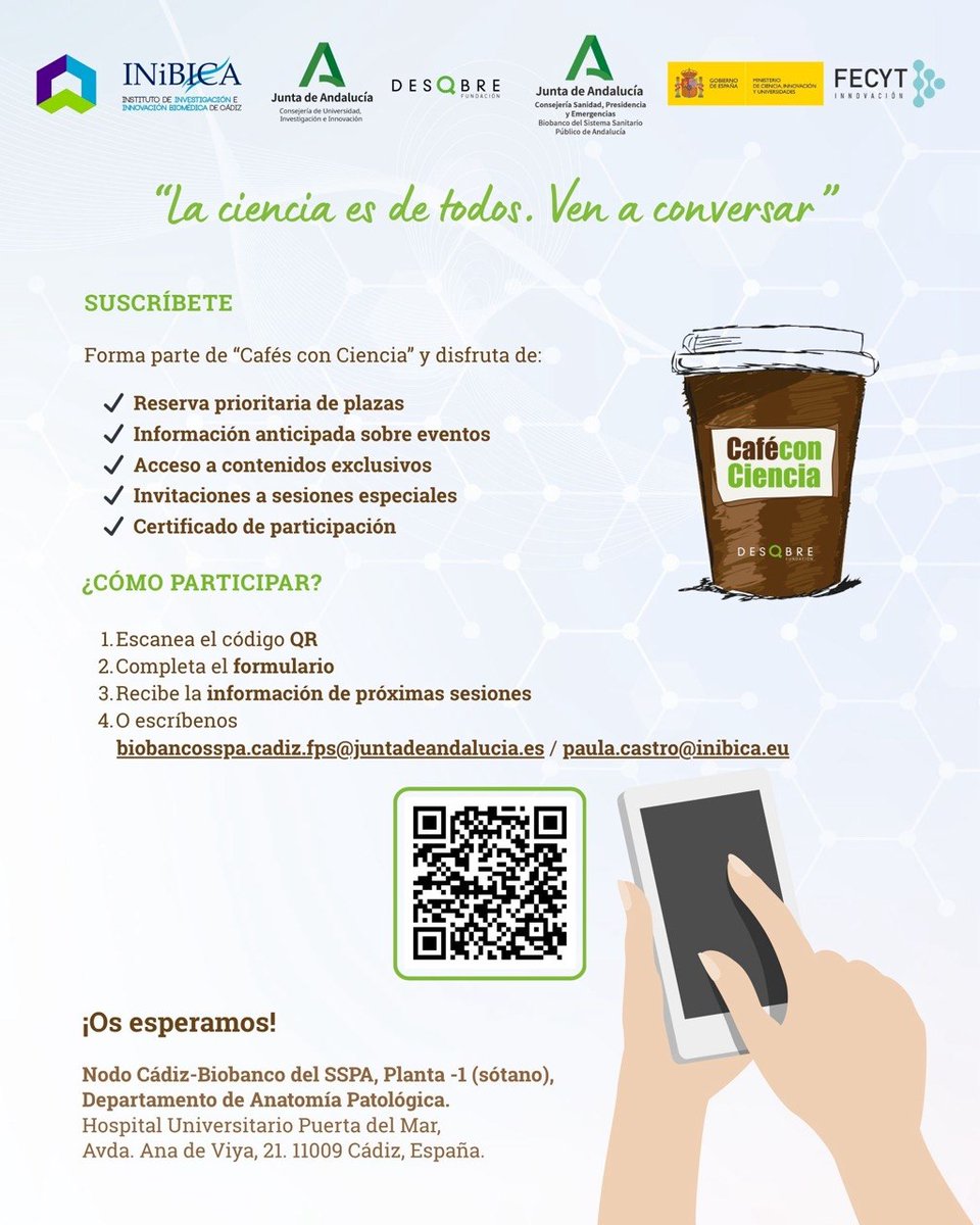 BiobancoDelSSPA's tweet photo. 📢 Recordar!! Aún quedan plazas para el Café con Ciencia que organizamos:
📆 20 de mayo
🕚 11:00 h
📍 Facultad de Enfermería y Fisioterapia de la UCA
📝 Inscríbete en: https://t.co/k9AUJ5DTIO
¡No te lo pierdas! https://t.co/1D6m5aN4SH