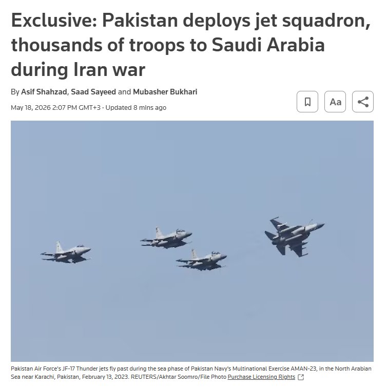 ThatsAwll's tweet photo. Pakistan has reportedly deployed around 8,000 troops, JF-17 fighter jets, drones, and Chinese HQ-9 air defence systems to Saudi Arabia under a confidential mutual defence agreement amid the Iran conflict. 1/2 https://t.co/pF1RF1Nweg