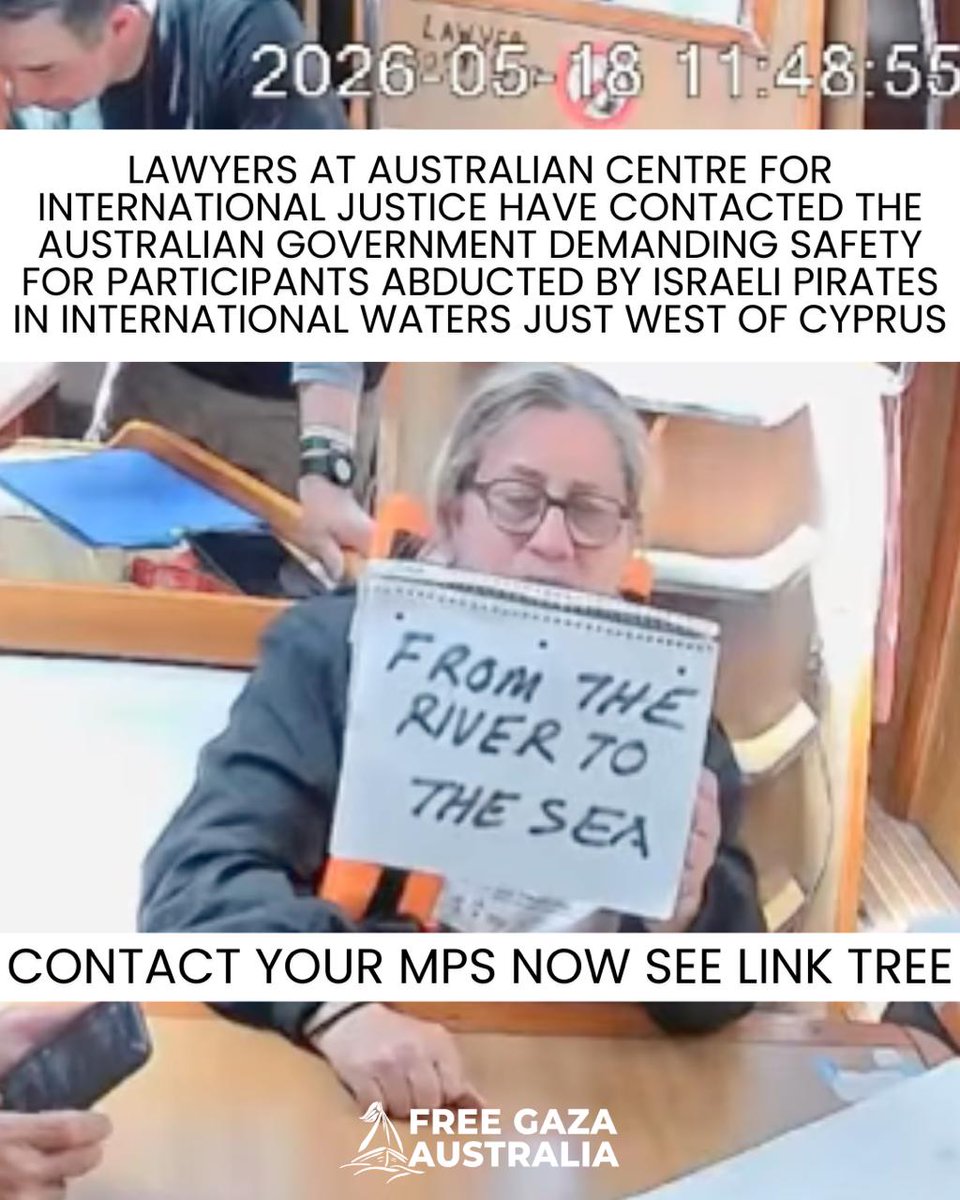 GFFAusGroup's tweet photo. Lawyers at @theACIJ have contacted the Australian Government demanding safety for participants abducted by Israeli pirates in international waters just West of Cyprus.

Follow all the boats sailing to Gaza to #BreaktheSiege @GazaFFlotilla 
https://t.co/8dWOcGeyUc https://t.co/B9yYopGidp