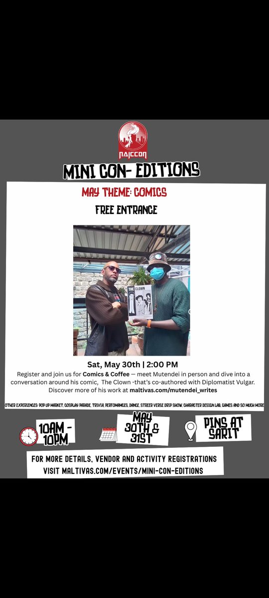 NAICCON's tweet photo. Naiccon Comics &amp; Coffee with @mutendei_writes
Dive into conversations around comics,storytelling, fandom, and The Clown while connecting with fellow fans and creatives.

Don’t Just Attend — Be Part of the Experience
Come Be Part of What Makes the Mini Con Special. https://t.co/lMIqGskmnk
