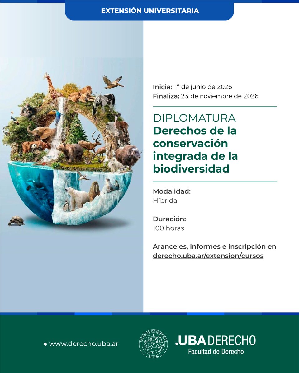 DerechoUBA's tweet photo. 📢📚 Diplomatura en Derechos de la Conservación Integrada de la Biodiversidad
@extension_fduba
📅 Cursada del 1º de junio al 23 noviembre
➕ Más información: https://t.co/ATKZlONOcJ
#Diplomatura #DerechosDeLaConservación #Biodiversidad https://t.co/tOhqZEx3aM