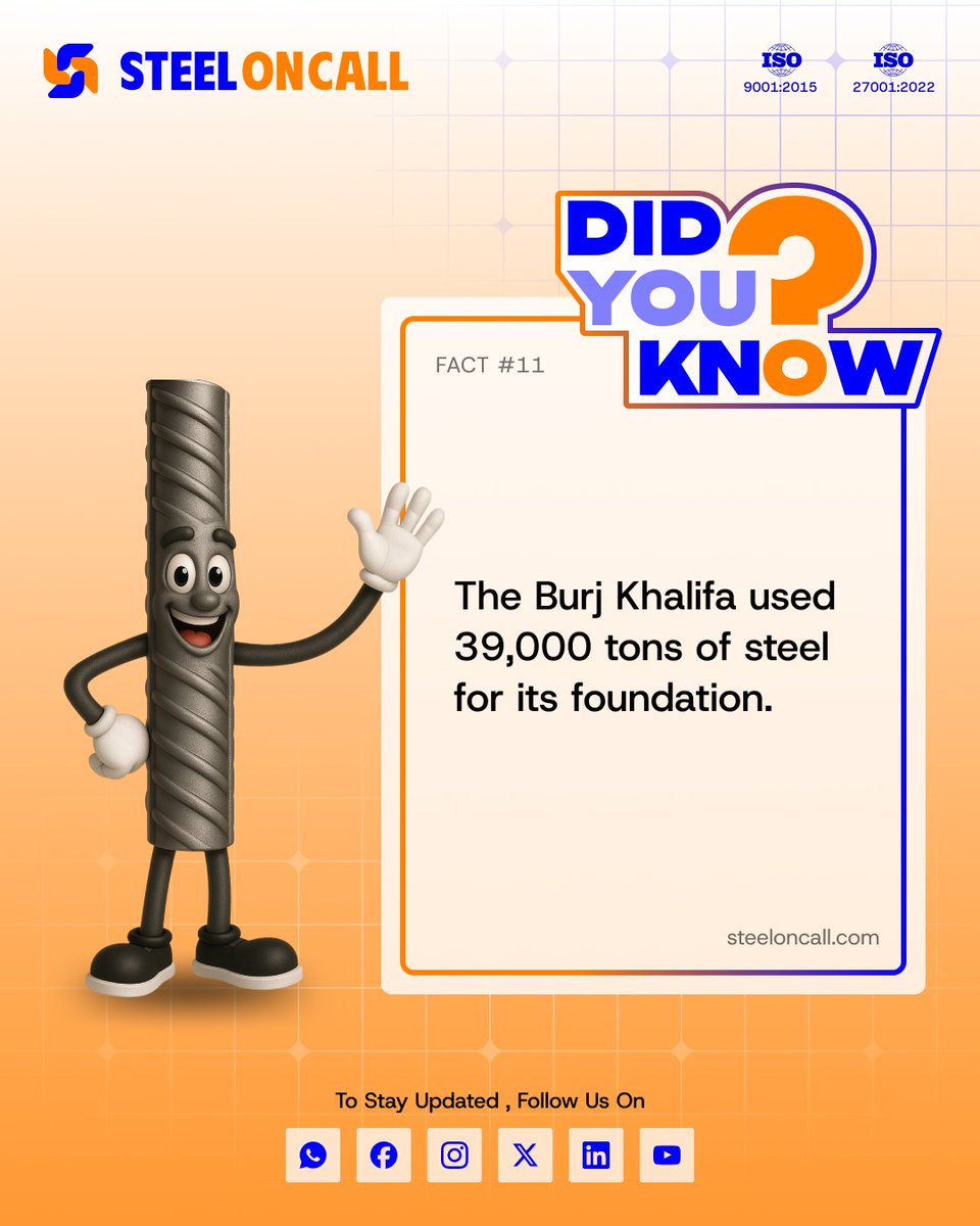 SteelonCall's tweet photo. The strongest structures in the world all have one thing in common: a powerful foundation. 

Quality steel isn’t just a material , it’s the backbone of modern construction.

Follow SteelonCall for more construction &amp; steel insights.

#steeloncall #didyouknow #steelfacts https://t.co/Z4k5YxD4Qs