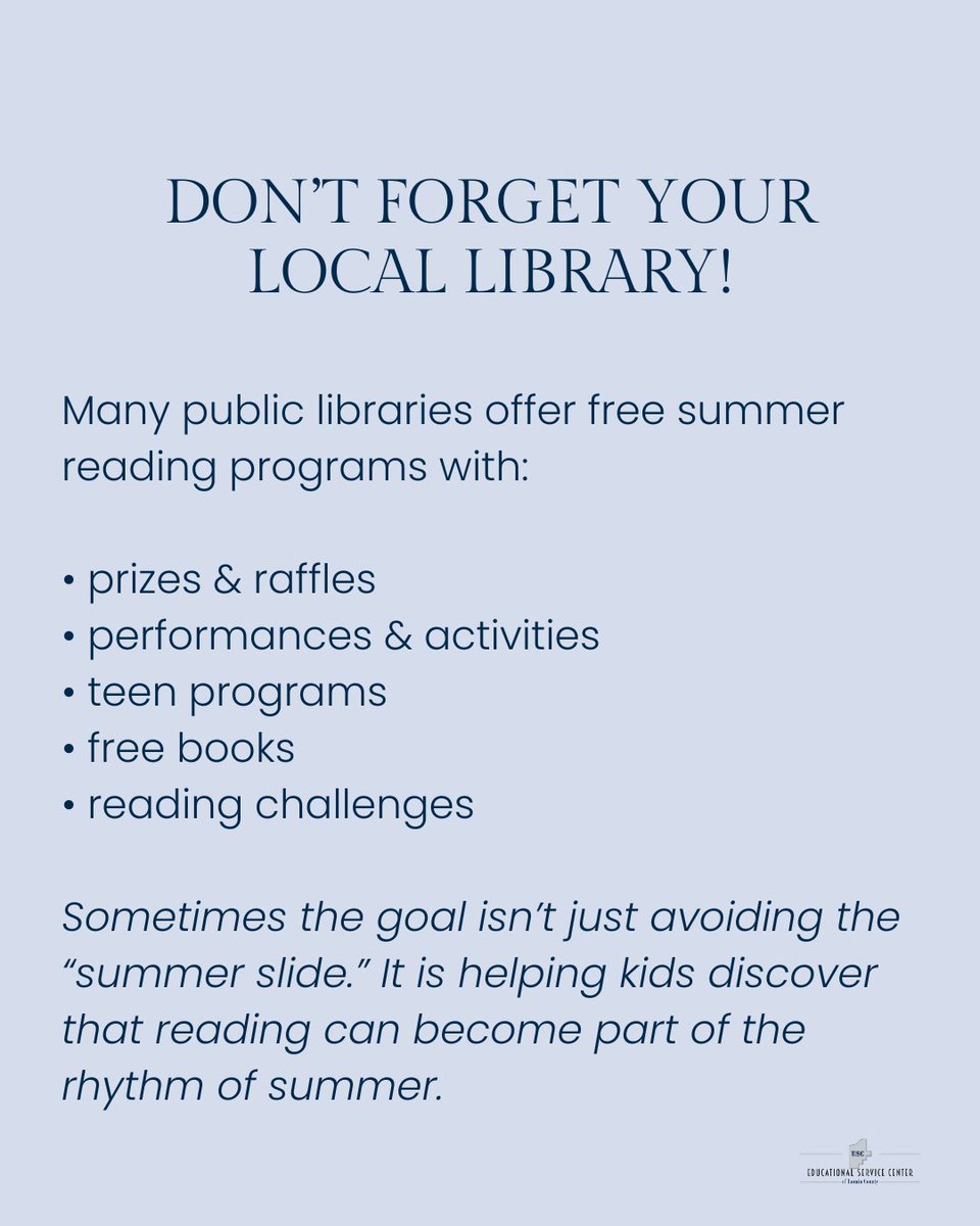 ESCLC's tweet photo. There’s something about summer reading that feels different.

Less rushed. More personal. A book by the pool. Staying up too late for “one more chapter.”

Here are a few free reading programs and community resources families can explore this summer. https://t.co/b8agUtCpFd