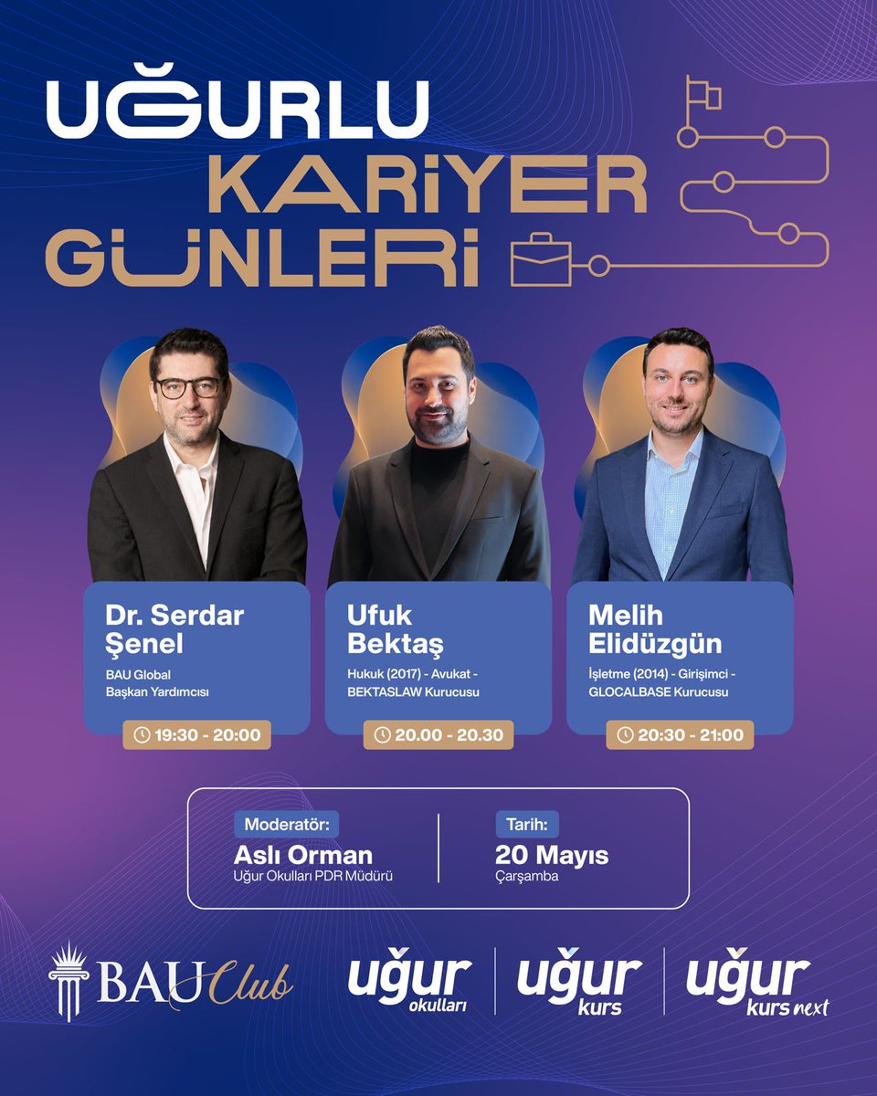KursUgur's tweet photo. Uğurlu Kariyer Günleri başlıyor!

BAU Club​ işbirliği ile Uğurlu öğrenciler​imiz, farklı sektörlerden değerli konuklarımızın kariyer yolculuklarını, deneyimlerini ve gelecek vizyonlarını dinlemek üzere ilham veren bir buluşmada bir araya geliyor.​ 

Kariyer planlama, mesleki farkındalık ve geleceğe hazırlık üzerine gerçekleşecek etkinliğimizde öğrencilerimiz; iş dünyasına dair önemli bilgiler edinme fırsatı yakalayacak.

​Kariyer Günleri Buluşmaları online olarak düzenlenecek olup katılım linkleri kurumlar tarafından öğrencilerimizle paylaşılacaktır.

#UğurKurs #UğurluKariyerGünleri #BAUClub #KariyerGünleri #GeleceğeHazırlık