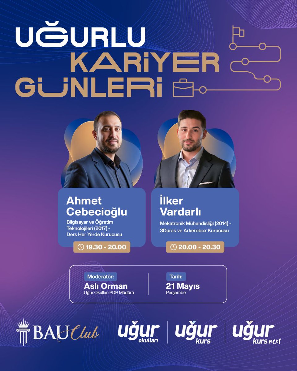 KursUgur's tweet photo. Uğurlu Kariyer Günleri başlıyor!

BAU Club​ işbirliği ile Uğurlu öğrenciler​imiz, farklı sektörlerden değerli konuklarımızın kariyer yolculuklarını, deneyimlerini ve gelecek vizyonlarını dinlemek üzere ilham veren bir buluşmada bir araya geliyor.​ 

Kariyer planlama, mesleki farkındalık ve geleceğe hazırlık üzerine gerçekleşecek etkinliğimizde öğrencilerimiz; iş dünyasına dair önemli bilgiler edinme fırsatı yakalayacak.

​Kariyer Günleri Buluşmaları online olarak düzenlenecek olup katılım linkleri kurumlar tarafından öğrencilerimizle paylaşılacaktır.

#UğurKurs #UğurluKariyerGünleri #BAUClub #KariyerGünleri #GeleceğeHazırlık