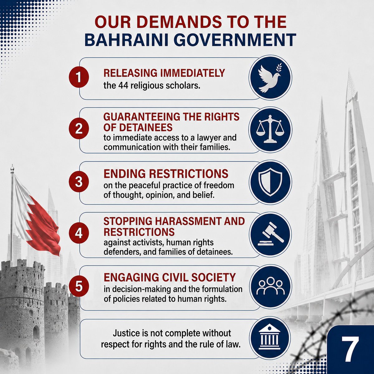 MontadaBahrain's tweet photo. The Government of the Kingdom of #Bahrain must immediately and unconditionally release the religious scholars arrested by Bahraini security forces across the Kingdom on May 9, 2026, especially since it has not presented any evidence to substantiate its claims or formally charged them with internationally recognized offenses. On the contrary, it has resorted to its usual practice of levelling malicious accusations in political cases, and since the authorities have not provided any evidence to support their claims, they must be released. The authorities have a duty to uphold their international obligations and ensure that none of the detainees are subjected to torture, cruel, inhuman, or degrading treatment or punishment.

🌐Full statement:
https://t.co/H42KxoCPjA