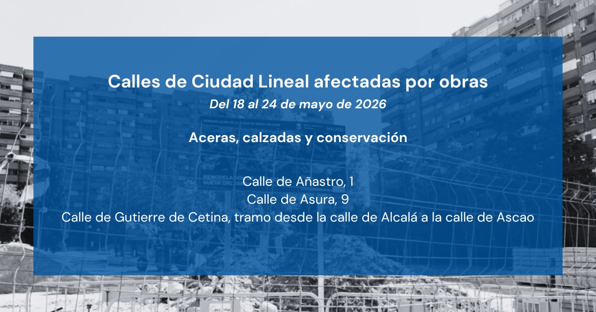 JMDCiudadLineal's tweet photo. 📍Calles de #CiudadLineal en las que puedes encontrarte cortes y obras durante esta semana, debido a los trabajos de #conservación de aceras y #calzadas
🚧Discupad las molestias
Infórmate en nuestra bio 👉🔗 https://t.co/iPvm9Iypyp