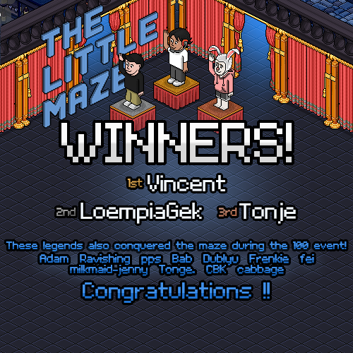 ChrisYepYep's tweet photo. What a weekend! Join me in congratulating Vincent, LoempiaGek, and Tonje on their dedicated feat to victory in The Little Maze 100 event on @HabboOrigins! They spent over 7 hours solid in the maze before taking the podium!

The draw for the £50 Steam gift card has taken place, won by LoempiaGek! YOU can enter the draw for a £25 Steam gift card until June 20th, all you need to do is tackle the 100 room labyrinth and post your finishing screenshots in the @FranklyOrigins discord server!

THANK YOU to everyone who showed up Saturday, whether you finished or not, it was fantastic to see so many people enjoying the maze, and we had a great time on stream with @vincentleet for 12+ hours as well! Thank you Vincent!

If you're still working on your progress, or haven't yet attempted the maze, good luck!

#HabboOrigins #Origins #Habbo