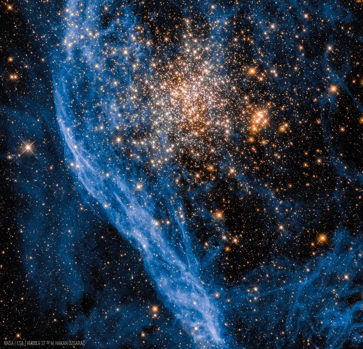 alex_riveiro's tweet photo. Este colorido paisaje es NGC 1850. Se trata de un cúmulo estelar muy intrigante, porque está formado por estrellas jóvenes y, además, es un cúmulo doble (con un gran grupo de estrellas en la región central superior, y otro más pequeño justo a su derecha). Está a 168 000 años luz de la Vía Láctea, en las regiones exteriores de la Gran Nube de Magallanes. #FelizLunes