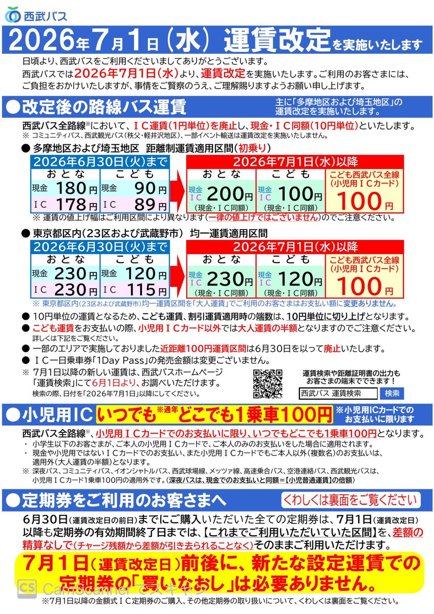 Tokorozawa_news's tweet photo. 【西武バス　7月1日より運賃改定】
西武バスは7月1日より路線バス運賃の改定を行うと発表しました🚌

全路線において「IC運賃(1円単位)」が廃止され、現金と同額(10円単位)となります👀
●初乗り運賃
(現)現金180円/IC178円→(改)200円
これによりよりわかりやすい運賃体系となります✨

○また、小児用ICカードでは西武バス全路線で『1乗車100円』となることがわかりました！

モバイルPASMO定期券については、運賃改定後の継続購入時に「買いなおし」が必要となる場合があるとして注意を呼びかけています。
※既存定期券は買い直し不要。