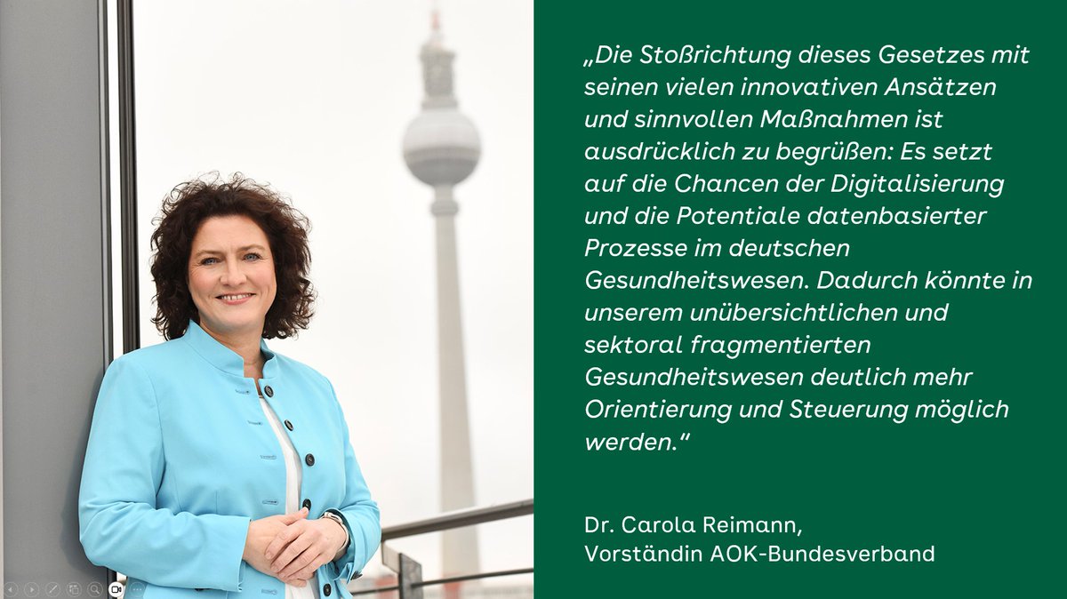 AOK_Politik's tweet photo. Anlässlich der heutigen Anhörung zum #Digitalgesetz #GeDIG lobt die Vorstandsvorsitzende des AOK-Bundesverbandes, Dr. Carola Reimann, den Gesetzesentwurf. Gleichzeitig meldet die AOK bei einigen Themen noch Nachbesserungsbedarf an: https://t.co/PTFKIKyhdT https://t.co/8mShE5Ycq8