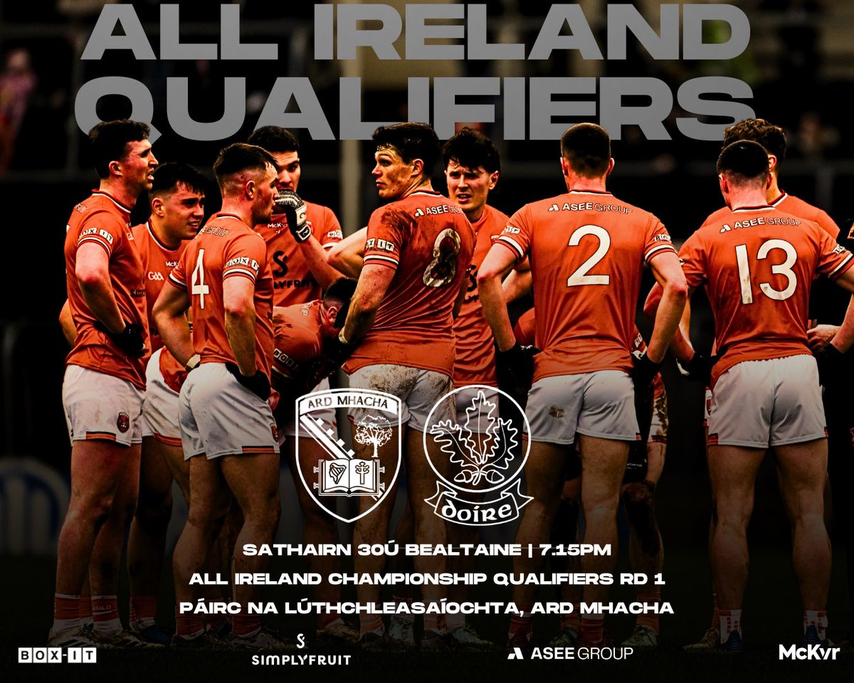 Armagh_GAA's tweet photo. ‼️FIXTURE CONFIRMED‼️

Our first round All Ireland Qualifier has been confirmed!

🆚 Doire
🗓️ Sat 30 May
⏰ 7.15pm
🏟️ BOX-IT Athletic Grounds

Ticket details to come later

#ArdMhachaAbú #BringTheOrange #100YearsOfOrange https://t.co/MSbn0o7HUS