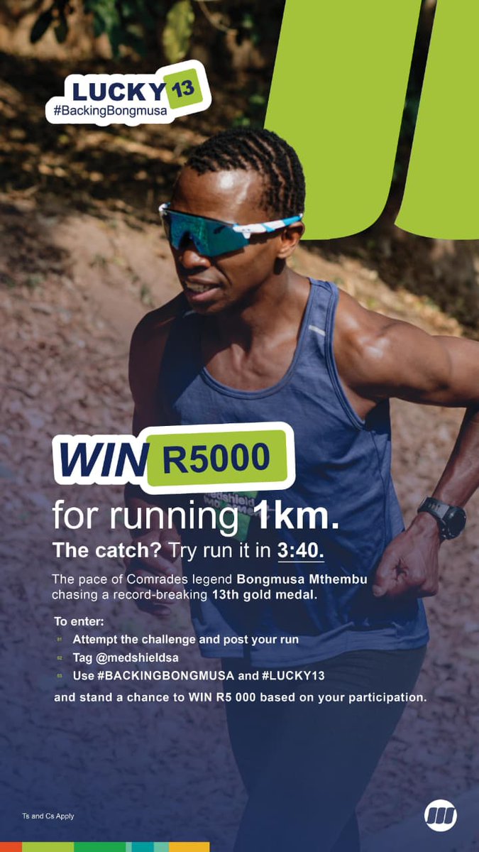 RealBongmusa_'s tweet photo. R5000,00 is yours, win it , take it 
You'll need to run 3:40per km
Am sure you can. 
To Enter:
Attempt the challenge 
Post your Run
Tag @MedshieldSA 
Use #BackingBongmusa and Lucky13

#medshieldSA #MedshieldMovement

TCSAPPLY.   https://t.co/cu18891pqF less https://t.co/lRtdy5kvj0