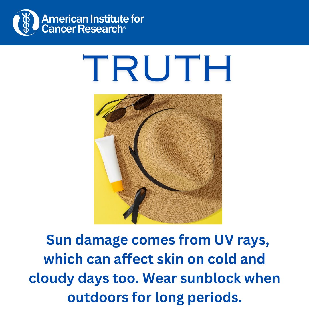 aicrtweets's tweet photo. It’s myth-bust Monday. Myth: I only need sunscreen when it is sunny out. Truth: Sun damage is from UV rays, which can affect skin on cold and cloudy days. While clouds can filter some UVB rays, they don’t block UVA rays. Wear sunblock on cold days too. https://t.co/qgBkiofGqc https://t.co/u6lFVVnDgA