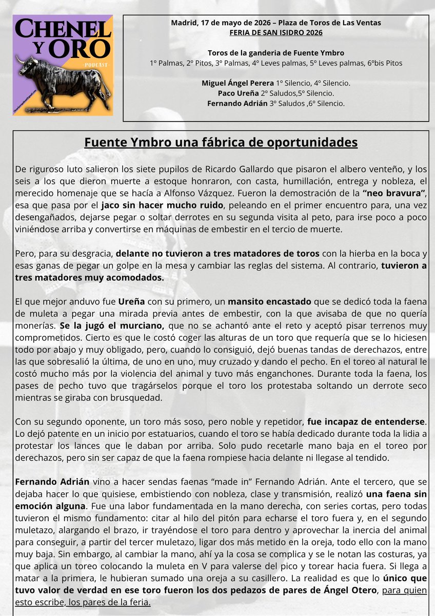 ChenelyOroRadio's tweet photo. ✒️CRÓNICA CHENEL Y ORO💜💛

Plaza de Toros de Las Ventas 

FERIA DE SAN ISIDRO 2026 

Toros de Fuente Ymbro 

Fuente Ymbro una fábrica de oportunidades https://t.co/C1UxxfPC3v
