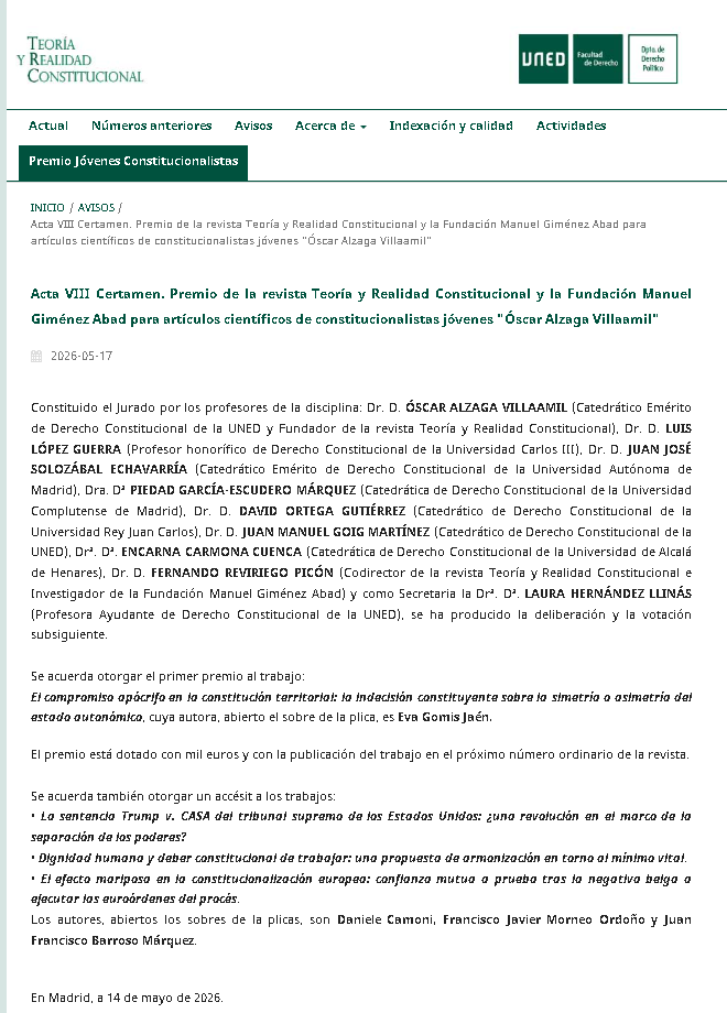 GEDECOUB's tweet photo. Javier Moreno, miembro de @GEDECOUB-EUCODEM, obtuvo un accésit en el certamen de jóvenes constitucionalistas Óscar Alzaga  (@revistaTRCUNED y @Fundacion_MGA) con un trabajo sobre la dignidad humana, el deber constitucional de trabajar y el mínimo vital. 

https://t.co/Qewsnz8xwj https://t.co/vjZNDEBxVS