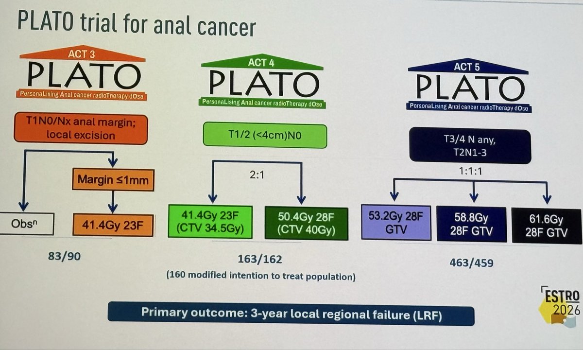 fgamorelli's tweet photo. PLATO platform presented at ESTRO 26: risk-adapted radiotherapy dosing in anal cancer appears feasible, with most quality-of-life impairments improving by 6 months, while ongoing follow-up will help better define long-term toxicity and patient-reported outcomes. https://t.co/SWrhTHXbPK