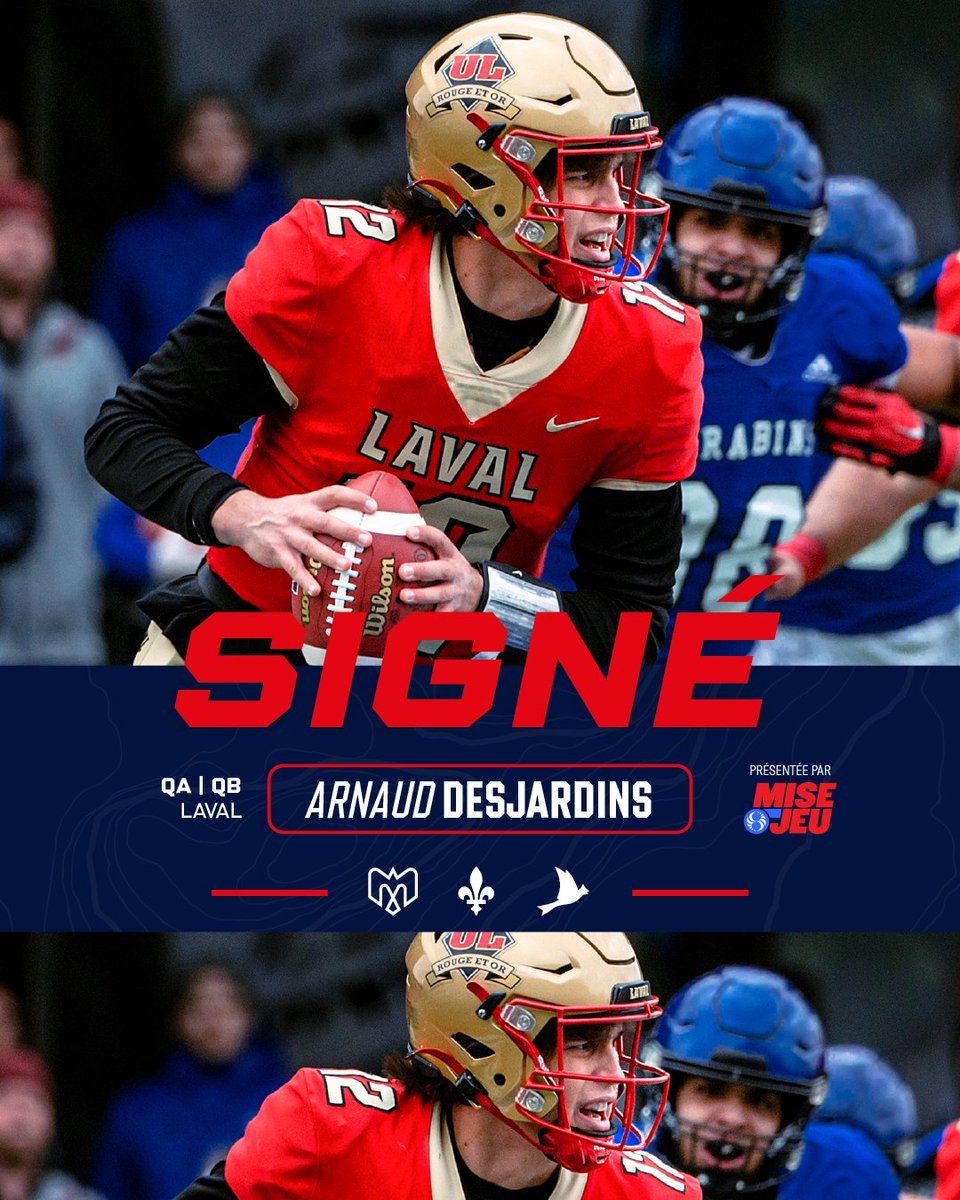 MTLAlouettes's tweet photo. Nous avons quelque chose à annoncer !!!

Nous avons signé l’ancien quart-arrière du @rougeetor, Arnaud Desjardins. Il sera sur le terrain pour l’entraînement ce matin !

Nous avons également signé:
James Morgan (QA)
Damonte Smith (LD)
Reuben Fatheree II (LO)
Malick Sylla (LD)

PLUS D'INFOS: https://t.co/z6cboxVCUt

#Alouettes | @Miseojeu