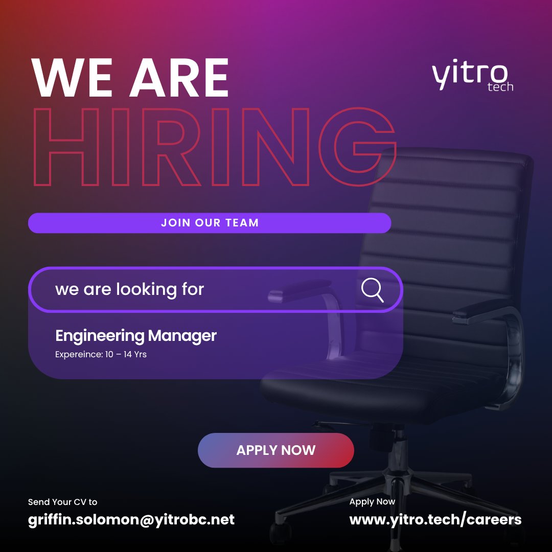 Yitrotech's tweet photo. 🚨 Hiring Alert 🚨

We’re expanding our team and looking for an experienced Engineering Manager to join us.

📍 Location: Chennai
📩 Send your CV to: griffin.solomon@yitrobc.net
👉 Apply Now: https://t.co/URTpc1ipoB

#Hiring #HiringAlert #HiringNow #TechJobs #Careers #YitroTech https://t.co/MKo9o2jN1u