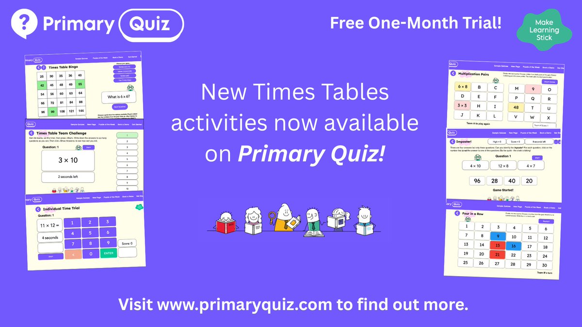 PrimaryQuiz's tweet photo. We've just added a selection of new Times Table resources to https://t.co/ed7lJLSDAJ. With the Year 4 Multiplication Check just around the corner, this could be a good time to start your free one-month trial. https://t.co/QaaxLzApVt