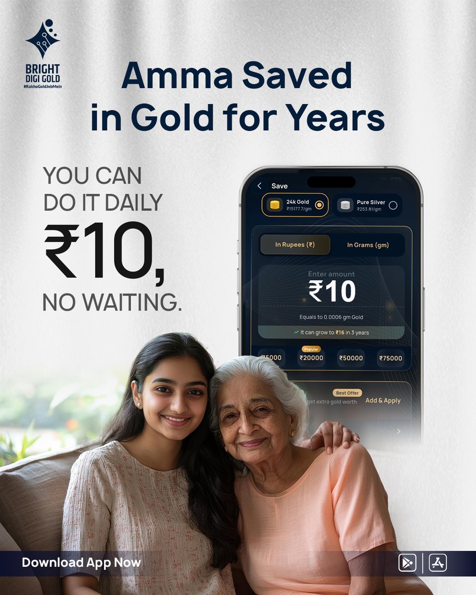 BrightDiGiGold's tweet photo. Amma saved in gold for years. Now you can start your gold savings journey daily with just ₹10. ✨

With Bright Digi Gold, saving in 24K digital gold is simple, secure, and flexible. No waiting, no big amount needed — just small daily savings that can grow over time.

Start your digital gold savings today and build a habit for your future.

Download the Bright Digi Gold app now.

#BrightDigiGold #DigitalGold #GoldSavings #SaveInGold #24KGold #GoldInvestment #DailySavings #SmartSavings #GoldSIP #InvestInGold #DigitalGoldIndia #GoldForFuture #FinancialPlanning #WealthCreation #SavingsApp #RakhoGoldJebMein #GoldSavingApp #IndianSavings #SecureSavings #StartWith10Rupees