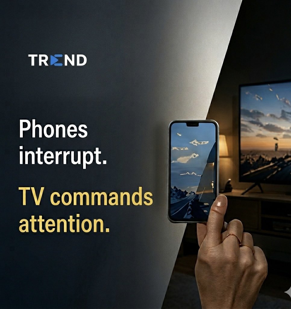 trenddotapp's tweet photo. The biggest battle in advertising right now isn't for your wallet—it’s for your attention. 👁️📱

While phones constantly fracture our focus with endless pings and notifications, TV still holds the power to completely capture a room. Where is your brand fighting for eyes?

@ceojoelotterstr @bradmorgan74747 
#AttentionEconomy #MediaStrategy #DigitalMarketing #ConsumerBehavior #trenddotapp