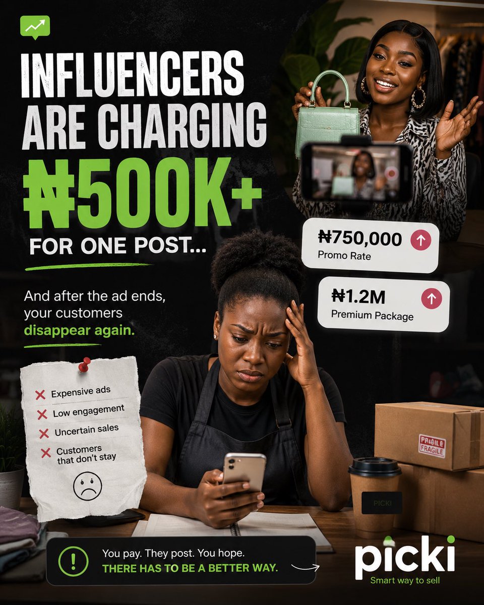 yourpickistore's tweet photo. ₦500k for one influencer post and you’re still praying for conversion &amp; sales? 😭 Your business needs a SYSTEM not just shoutouts!

With Picki, customers can: find your business, order, &amp; track delivery Our AI shopping assistant recommends your business to customers for FREE. https://t.co/VoHgdOhRs4