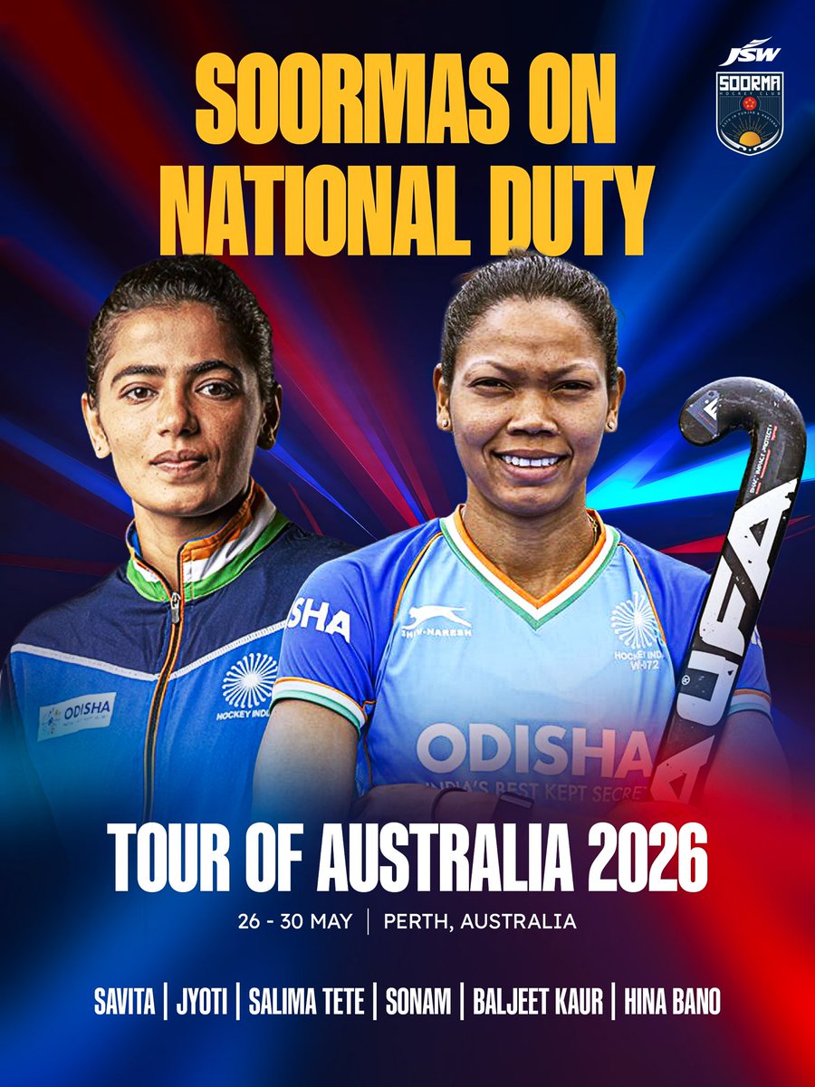 SoormaHC's tweet photo. National duty calls. 🇮🇳

Soormas are set to represent the nation at the Tour of Australia 2026 in Perth. Wishing them the very best as they gear up to take on the challenge ahead. 👏🔥

#SoormaHC #DilVichSoorma #SoormaRaftaar #IndiaHockey https://t.co/wW1pLmFxJu