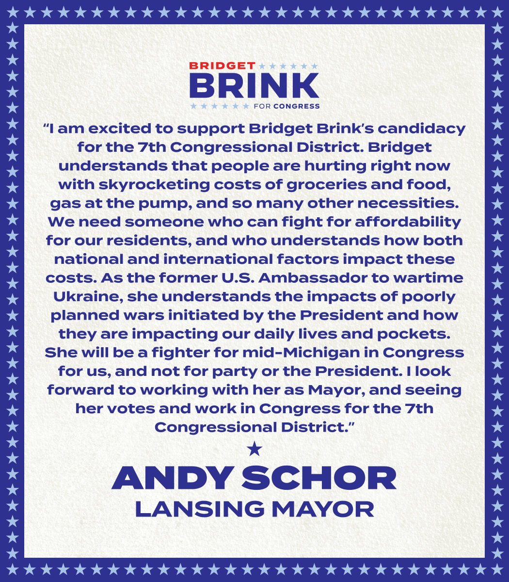 AmbBridgetBrink's tweet photo. Lansing is on the rise thanks to our fantastic Mayor @AndySchor's leadership. I am honored and humbled to receive his endorsement!

I look forward to working with Mayor Schor to continue to improve the lives of all our neighbors in Lansing &amp; throughout MI07! https://t.co/a2WJidVKqz