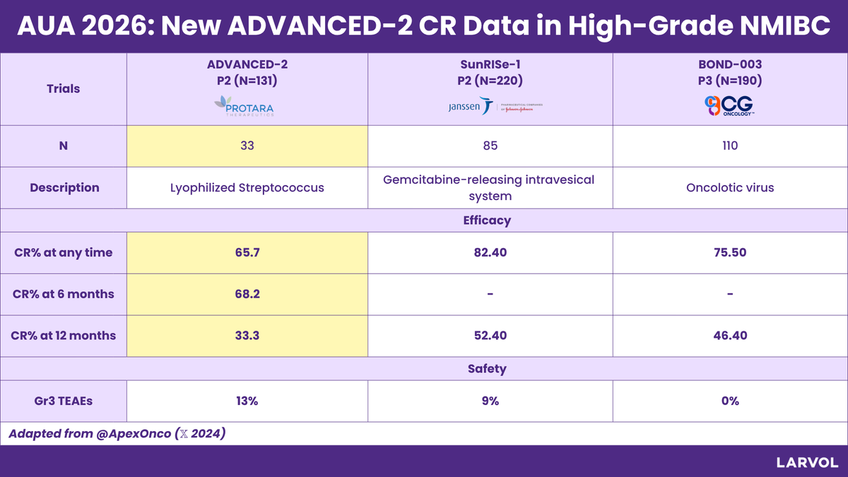 Larvol's tweet photo. New ADVANCED-2 CR data from @AmerUrological (AUA) 2026 in H-grade NMIBC landscape from name Apex Onco 👉 https://t.co/HdxM7EZomB

Updated Landscape: https://t.co/zwkFow2Zlg

Learn more about ADVANCED-2 👉 https://t.co/wZQJaUqETC

#LARVOL #CancerResearch #CancerData #Oncology #OncologyInsights #ClinicalTrials #AUA26 #UrologicOncology #Urology #NMIBC #BladderCancer #ADVANCED2 #SunRISe1 #BOND003 | @DrChoueiri | @UroDocAsh | @zklaassen_md | @JoshMeeks | @rksayyid